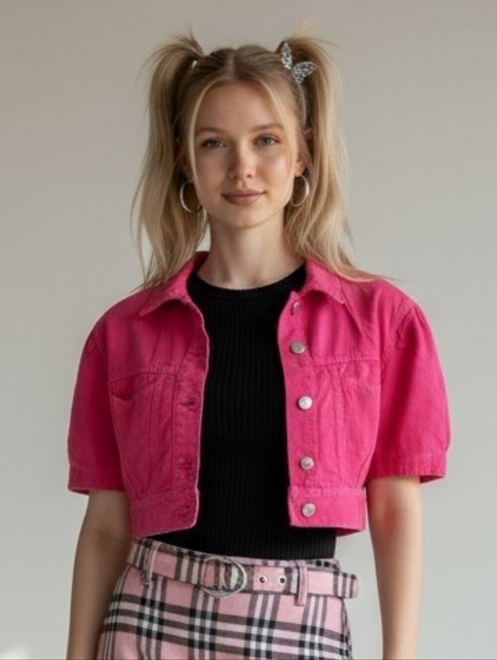Vtg 90s Paris Blues Cropped Denim Jacket MED Pink Short Sleeve Made in USA